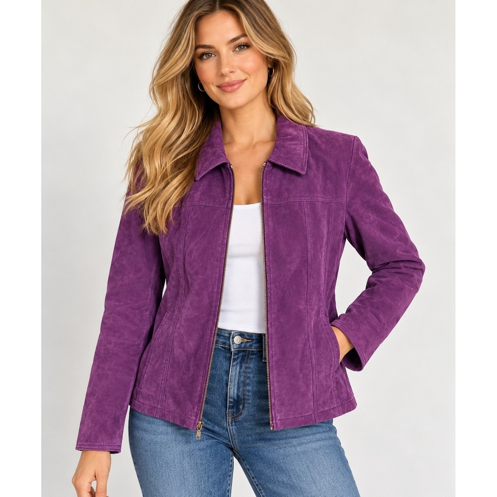 Coldwater Creek Jacket Womens L Purple  Genuine Suede Leather Full Zip